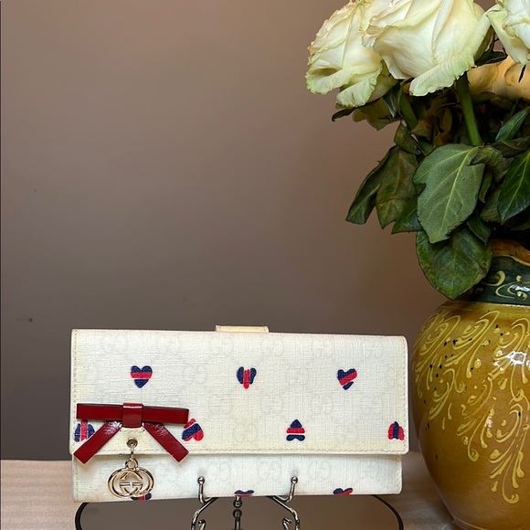 Gucci Handbags - GUCCI Limited Edition Heart Long Bifold White GG Logo Charm Monogram Wallet